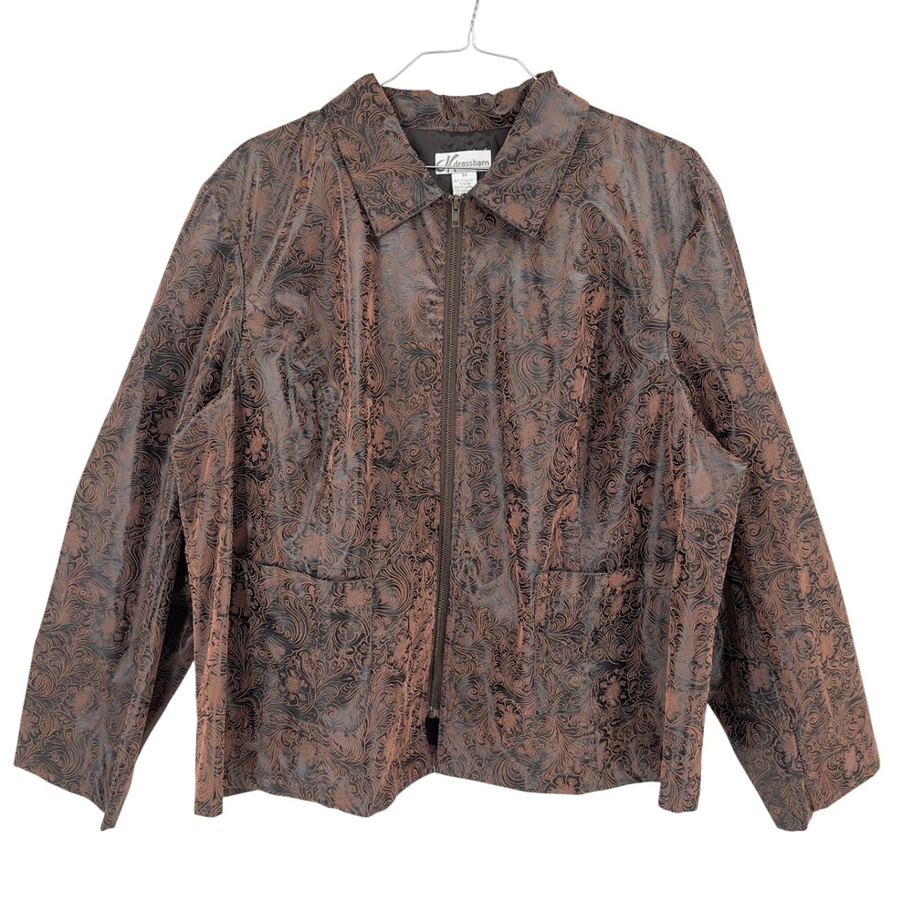 Dressbarn Womens 3X Jacket Brown Faux Leather Tooled Floral Western Zip Lined